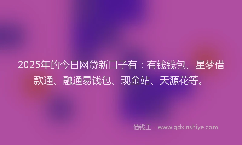 2025年的今日网贷新口子有：有钱钱包、星梦借款通、融通易钱包、现金站、天源花等。