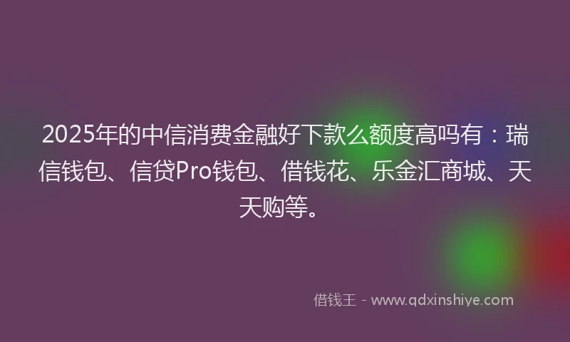 2025年的中信消费金融好下款么额度高吗有：瑞信钱包、信贷Pro钱包、借钱花、乐金汇商城、天天购等。