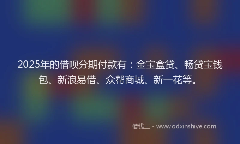 2025年的借呗分期付款有：金宝盒贷、畅贷宝钱包、新浪易借、众帮商城、新一花等。