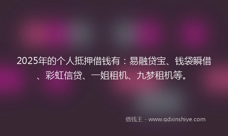 2025年的个人抵押借钱有：易融贷宝、钱袋瞬借、彩虹信贷、一姐租机、九梦租机等。