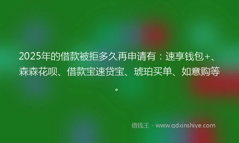 2025年的借款被拒多久再申请有：速享钱包+、森森花呗、借款宝速贷宝、琥珀买单、如意购等。