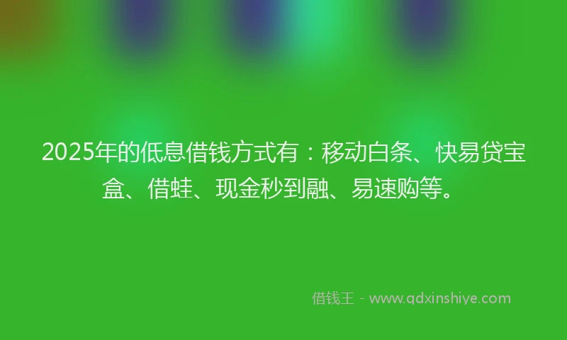 2025年的低息借钱方式有：移动白条、快易贷宝盒、借蛙、现金秒到融、易速购等。
