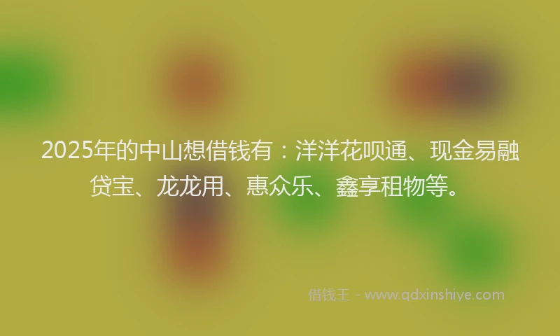 2025年的中山想借钱有：洋洋花呗通、现金易融贷宝、龙龙用、惠众乐、鑫享租物等。