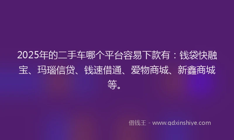 2025年的二手车哪个平台容易下款有：钱袋快融宝、玛瑙信贷、钱速借通、爱物商城、新鑫商城等。