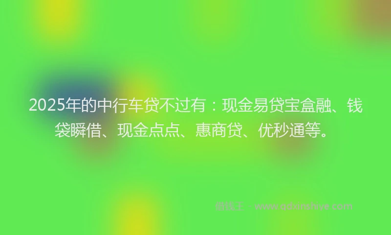 2025年的中行车贷不过有：现金易贷宝盒融、钱袋瞬借、现金点点、惠商贷、优秒通等。
