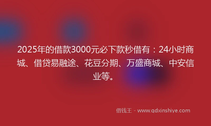2025年的借款3000元必下款秒借有：24小时商城、借贷易融途、花豆分期、万盛商城、中安信业等。