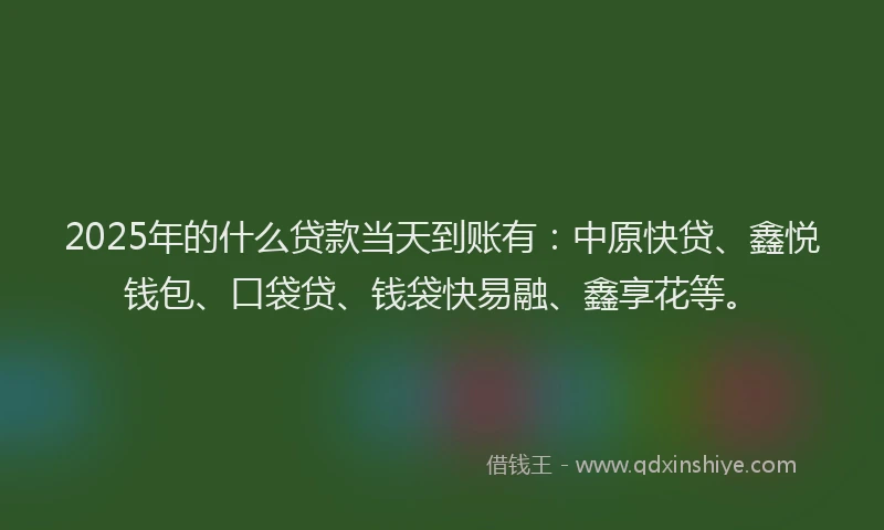 2025年的什么贷款当天到账有：中原快贷、鑫悦钱包、口袋贷、钱袋快易融、鑫享花等。