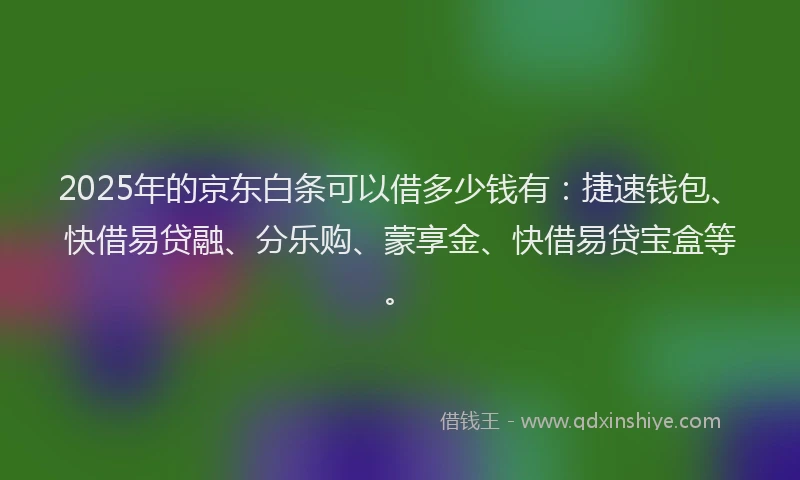 2025年的京东白条可以借多少钱有：捷速钱包、快借易贷融、分乐购、蒙享金、快借易贷宝盒等。