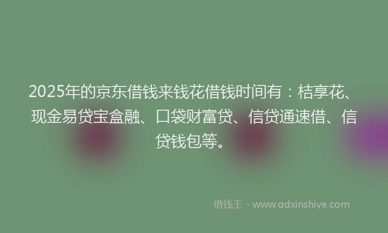2025年的京东借钱来钱花借钱时间有：桔享花、现金易贷宝盒融、口袋财富贷、信贷通速借、信贷钱包等。