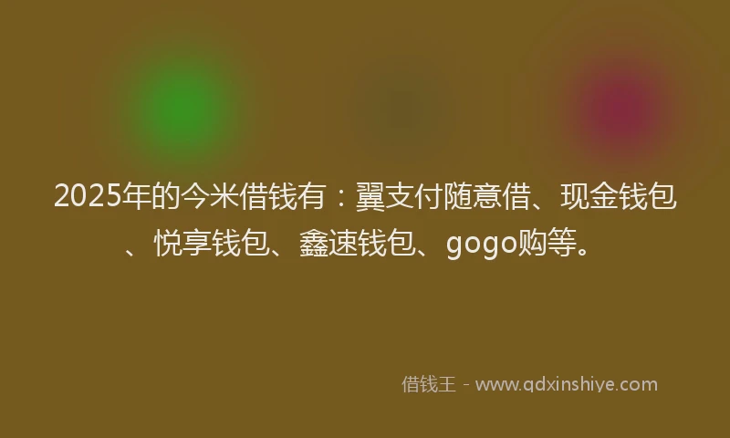2025年的今米借钱有：翼支付随意借、现金钱包、悦享钱包、鑫速钱包、gogo购等。