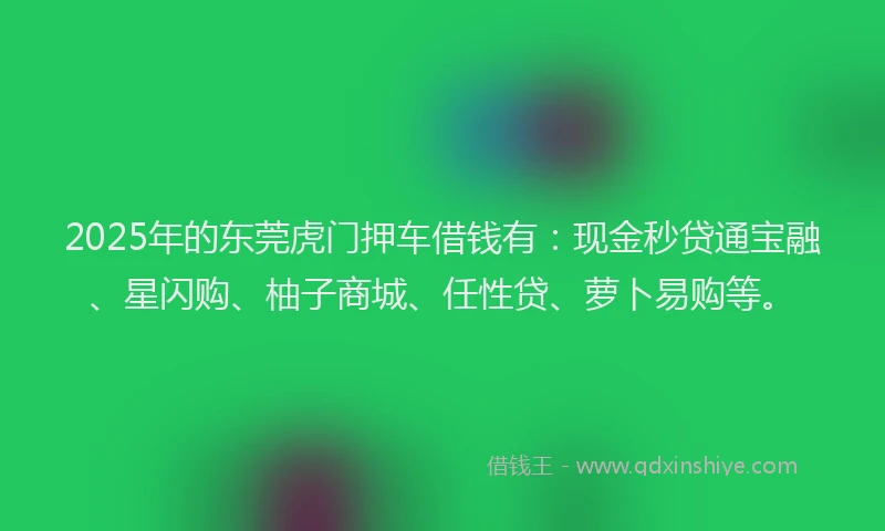 2025年的东莞虎门押车借钱有：现金秒贷通宝融、星闪购、柚子商城、任性贷、萝卜易购等。