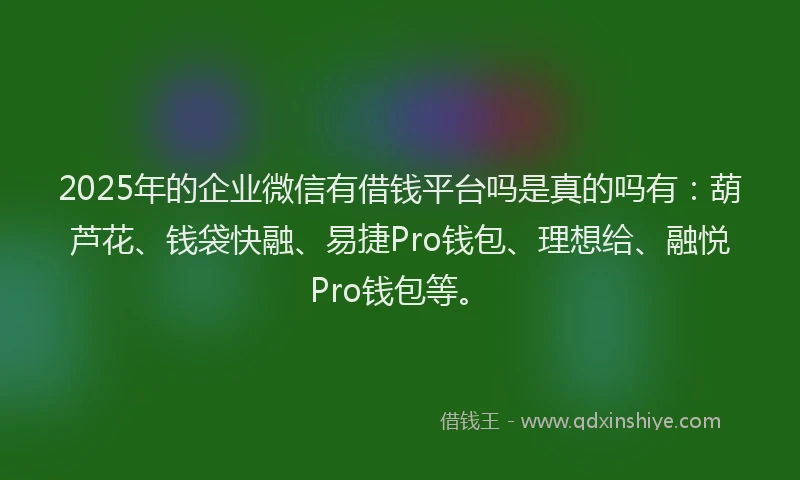 2025年的企业微信有借钱平台吗是真的吗有：葫芦花、钱袋快融、易捷Pro钱包、理想给、融悦Pro钱包等。