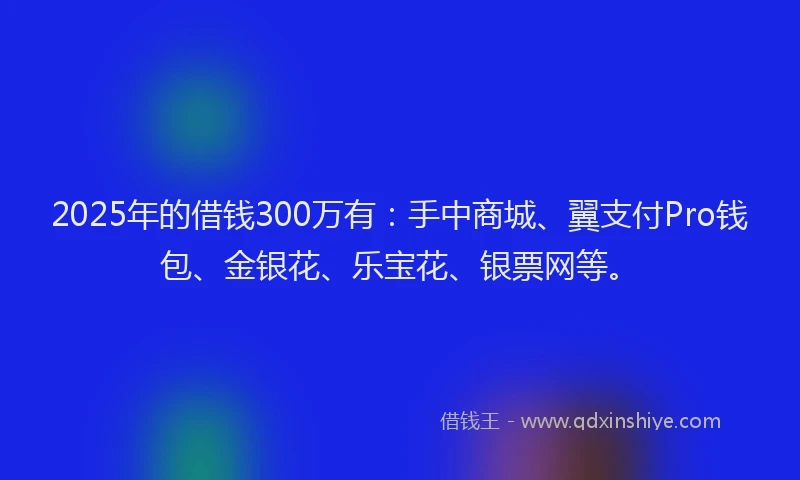 2025年的借钱300万有：手中商城、翼支付Pro钱包、金银花、乐宝花、银票网等。