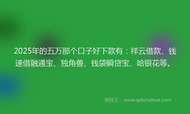 2025年的五万那个口子好下款有：祥云借款、钱速借融通宝、独角兽、钱袋瞬贷宝、哈银花等。