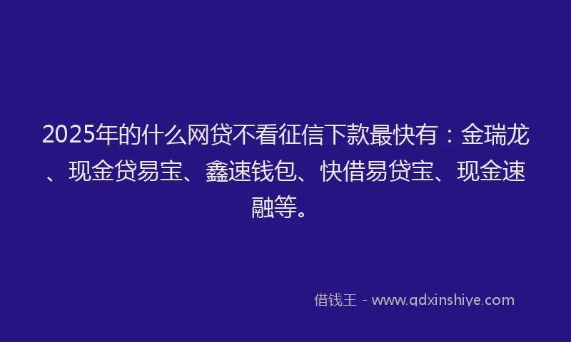 2025年的什么网贷不看征信下款最快有：金瑞龙、现金贷易宝、鑫速钱包、快借易贷宝、现金速融等。