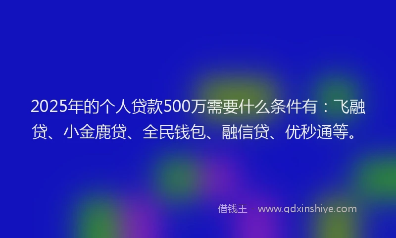 2025年的个人贷款500万需要什么条件有：飞融贷、小金鹿贷、全民钱包、融信贷、优秒通等。