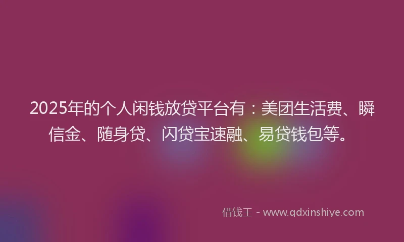 2025年的个人闲钱放贷平台有：美团生活费、瞬信金、随身贷、闪贷宝速融、易贷钱包等。