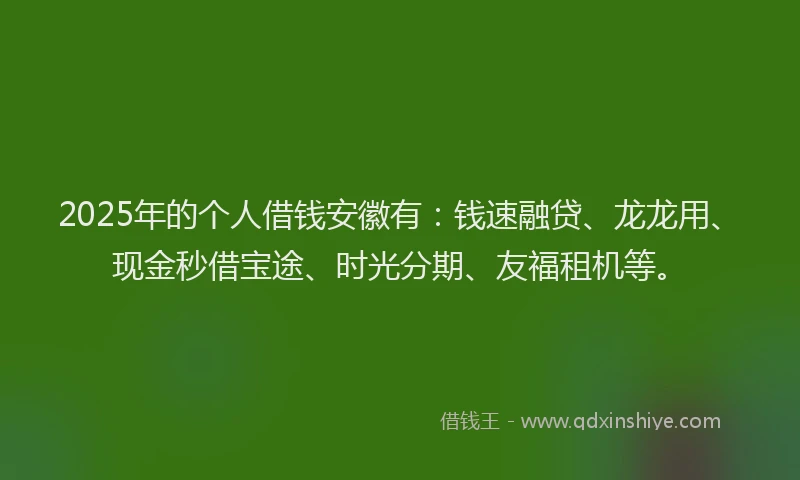 2025年的个人借钱安徽有：钱速融贷、龙龙用、现金秒借宝途、时光分期、友福租机等。