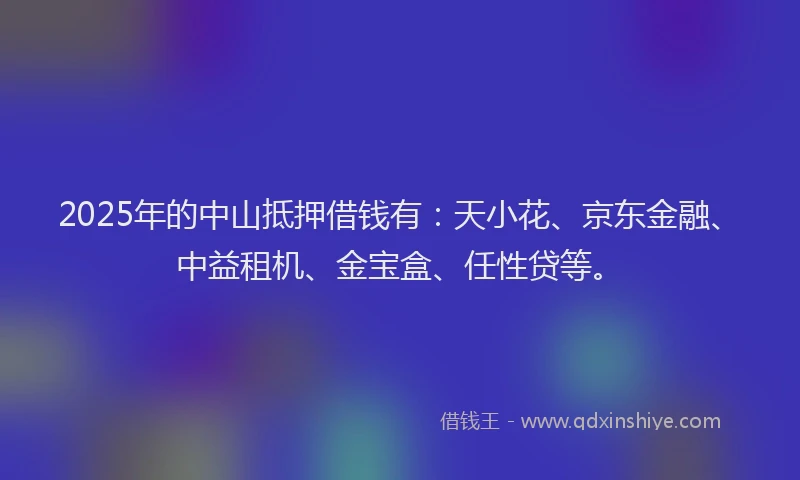 2025年的中山抵押借钱有：天小花、京东金融、中益租机、金宝盒、任性贷等。