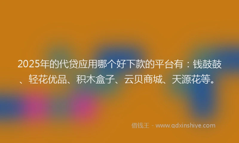 2025年的代贷应用哪个好下款的平台有：钱鼓鼓、轻花优品、积木盒子、云贝商城、天源花等。