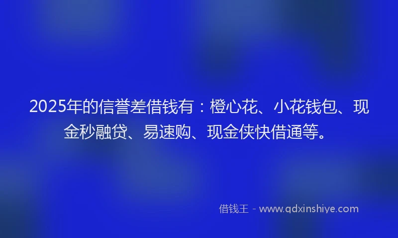 2025年的信誉差借钱有：橙心花、小花钱包、现金秒融贷、易速购、现金侠快借通等。