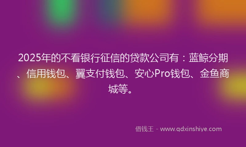 2025年的不看银行征信的贷款公司有：蓝鲸分期、信用钱包、翼支付钱包、安心Pro钱包、金鱼商城等。