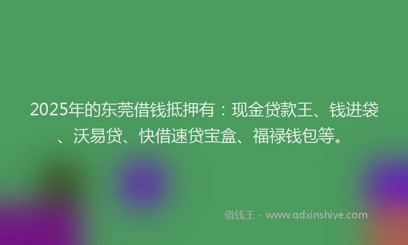 2025年的东莞借钱抵押有：现金贷款王、钱进袋、沃易贷、快借速贷宝盒、福禄钱包等。