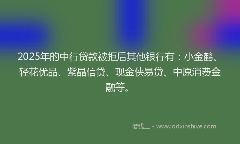 2025年的中行贷款被拒后其他银行有：小金鹤、轻花优品、紫晶信贷、现金侠易贷、中原消费金融等。