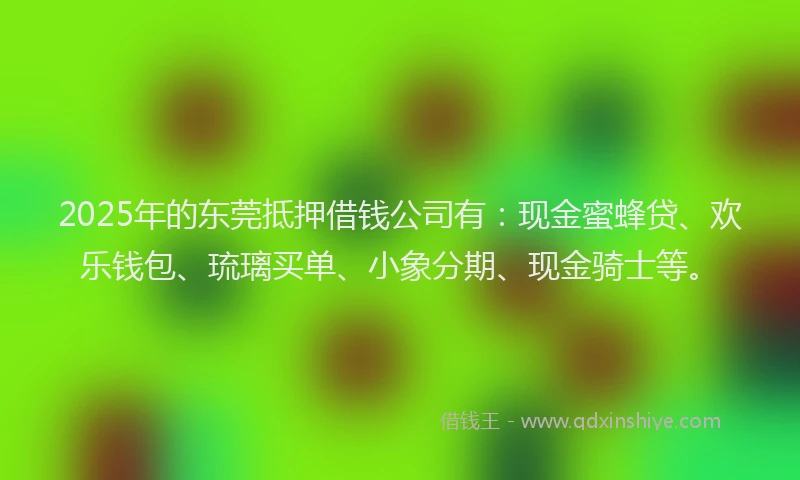 2025年的东莞抵押借钱公司有：现金蜜蜂贷、欢乐钱包、琉璃买单、小象分期、现金骑士等。