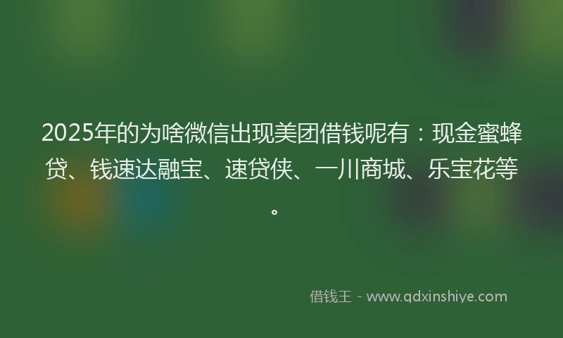 2025年的为啥微信出现美团借钱呢有：现金蜜蜂贷、钱速达融宝、速贷侠、一川商城、乐宝花等。