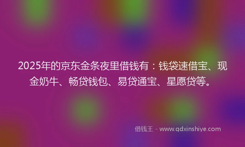 2025年的京东金条夜里借钱有：钱袋速借宝、现金奶牛、畅贷钱包、易贷通宝、星愿贷等。