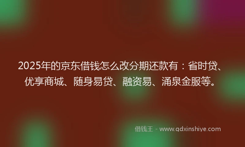 2025年的京东借钱怎么改分期还款有：省时贷、优享商城、随身易贷、融资易、涌泉金服等。