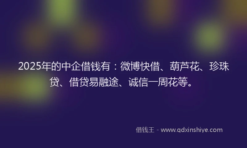 2025年的中企借钱有：微博快借、葫芦花、珍珠贷、借贷易融途、诚信一周花等。