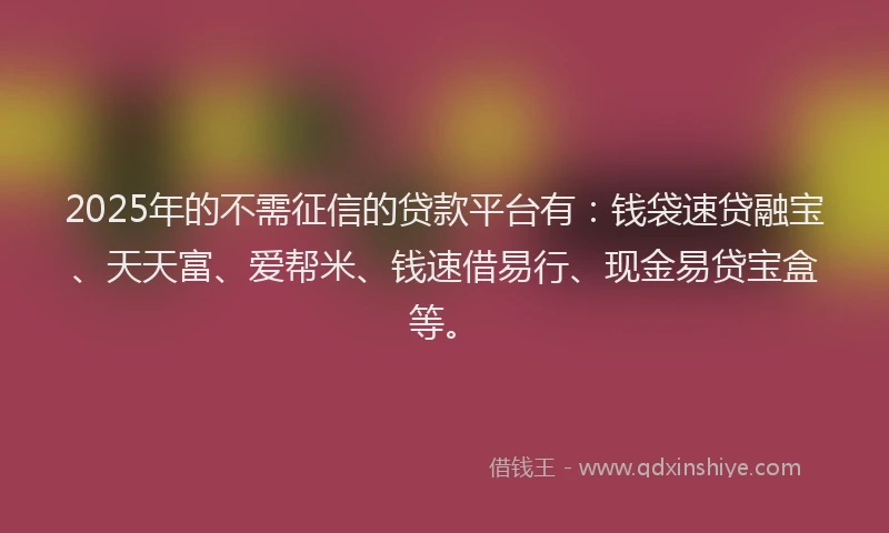 2025年的不需征信的贷款平台有：钱袋速贷融宝、天天富、爱帮米、钱速借易行、现金易贷宝盒等。
