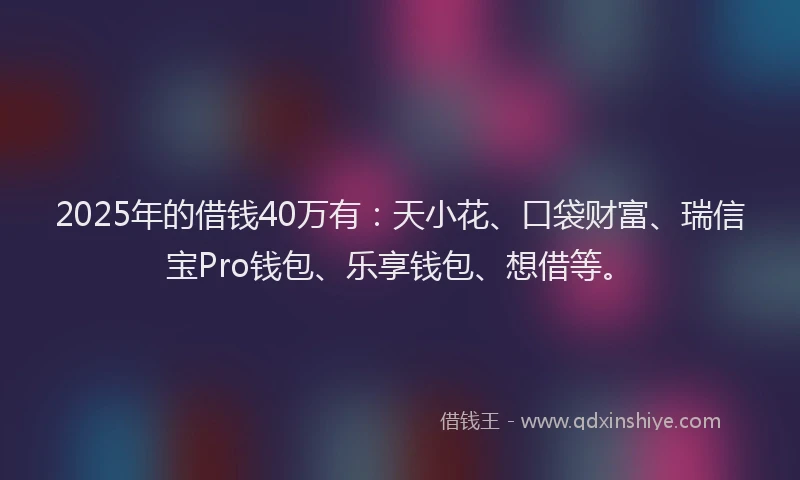 2025年的借钱40万有：天小花、口袋财富、瑞信宝Pro钱包、乐享钱包、想借等。