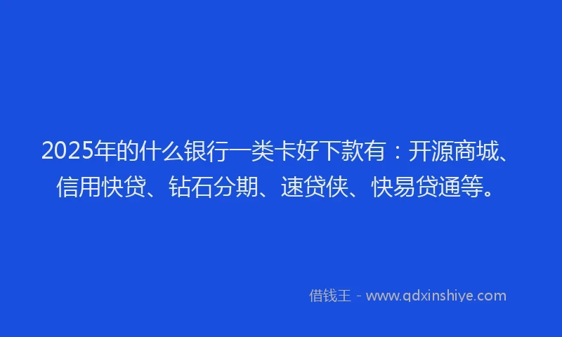 2025年的什么银行一类卡好下款有：开源商城、信用快贷、钻石分期、速贷侠、快易贷通等。
