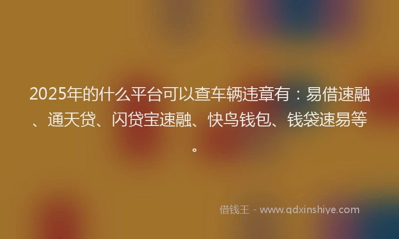 2025年的什么平台可以查车辆违章有：易借速融、通天贷、闪贷宝速融、快鸟钱包、钱袋速易等。