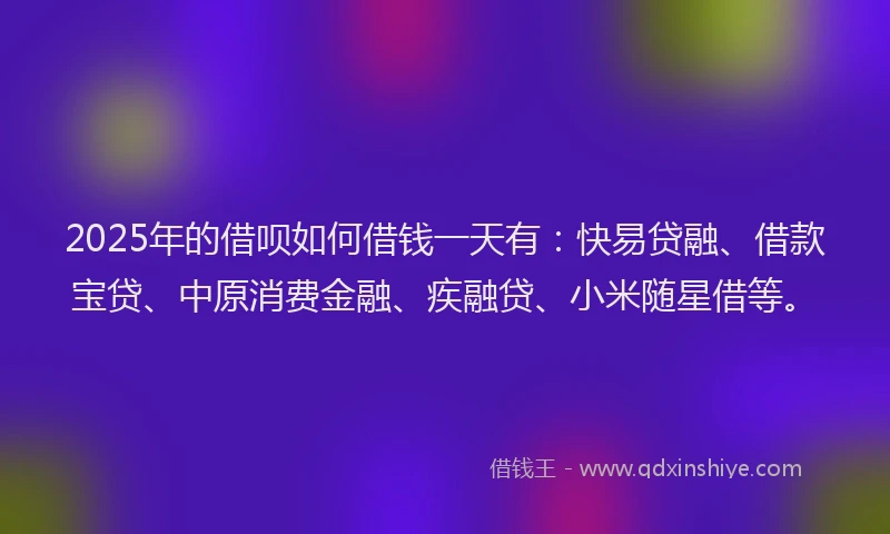 2025年的借呗如何借钱一天有：快易贷融、借款宝贷、中原消费金融、疾融贷、小米随星借等。