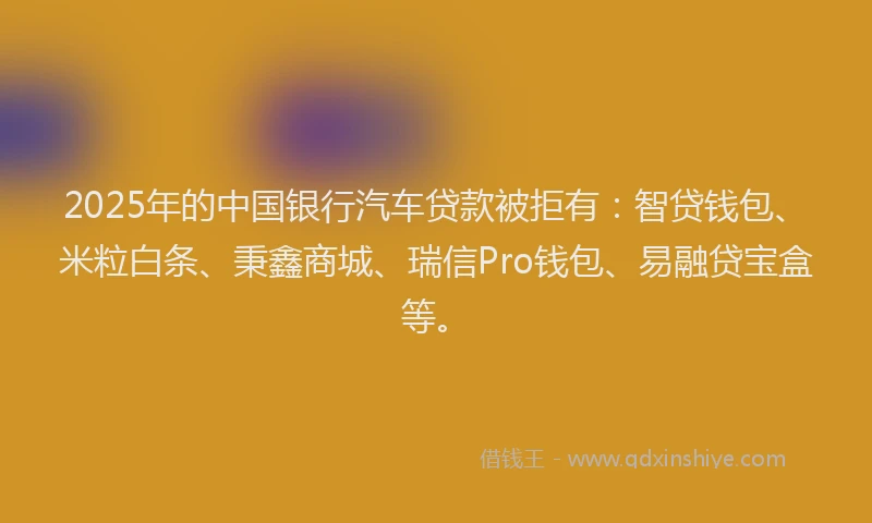 2025年的中国银行汽车贷款被拒有：智贷钱包、米粒白条、秉鑫商城、瑞信Pro钱包、易融贷宝盒等。