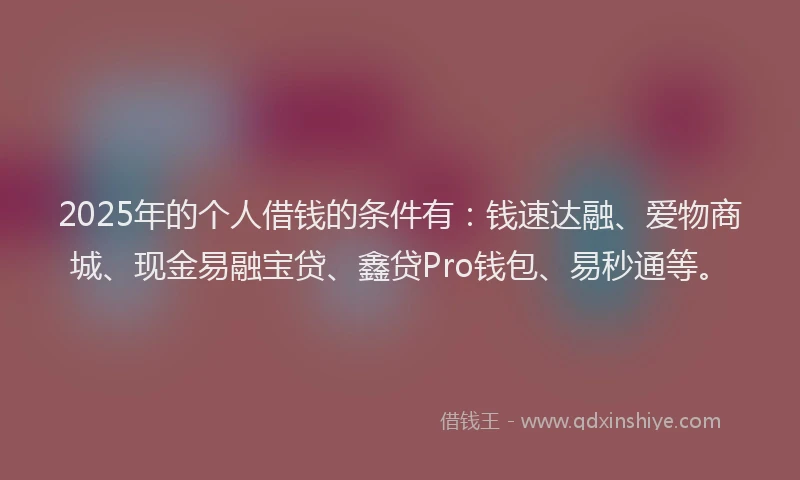 2025年的个人借钱的条件有：钱速达融、爱物商城、现金易融宝贷、鑫贷Pro钱包、易秒通等。