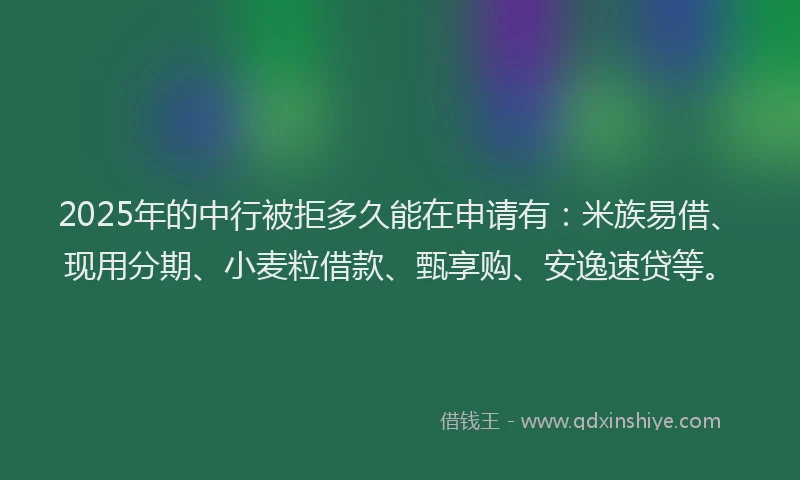 2025年的中行被拒多久能在申请有：米族易借、现用分期、小麦粒借款、甄享购、安逸速贷等。