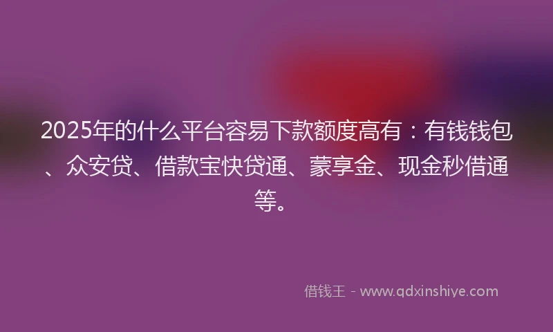 2025年的什么平台容易下款额度高有：有钱钱包、众安贷、借款宝快贷通、蒙享金、现金秒借通等。