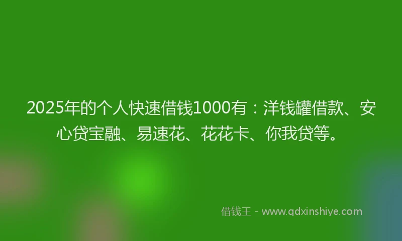 2025年的个人快速借钱1000有：洋钱罐借款、安心贷宝融、易速花、花花卡、你我贷等。