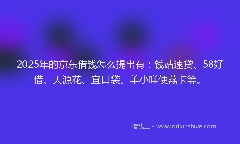 2025年的京东借钱怎么提出有：钱站速贷、58好借、天源花、宜口袋、羊小咩便荔卡等。