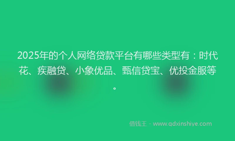 2025年的个人网络贷款平台有哪些类型有：时代花、疾融贷、小象优品、甄信贷宝、优投金服等。