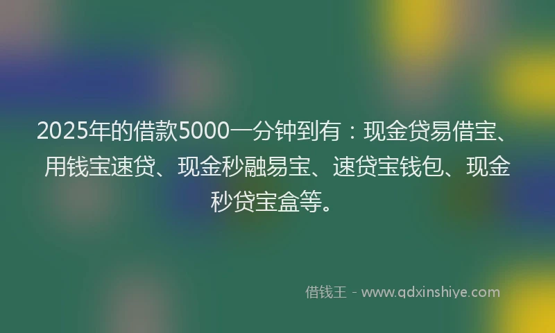2025年的借款5000一分钟到有：现金贷易借宝、用钱宝速贷、现金秒融易宝、速贷宝钱包、现金秒贷宝盒等。