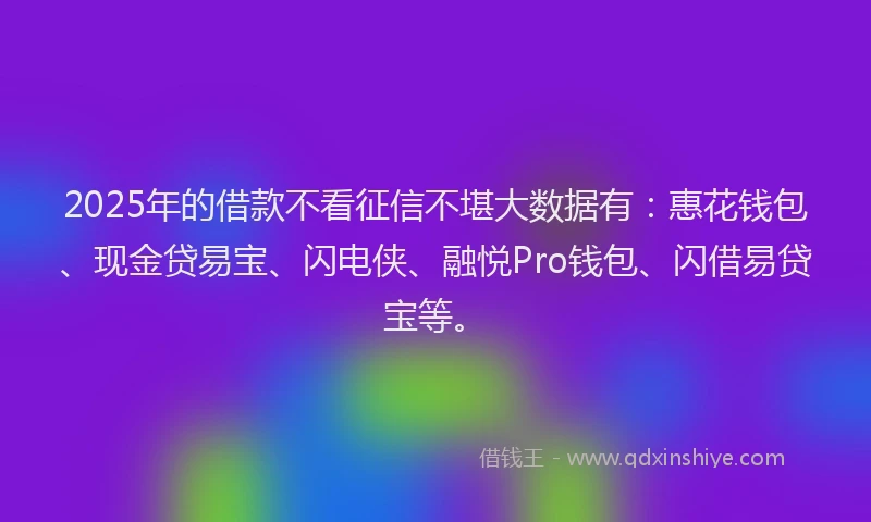 2025年的借款不看征信不堪大数据有：惠花钱包、现金贷易宝、闪电侠、融悦Pro钱包、闪借易贷宝等。
