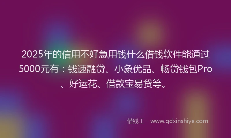 2025年的信用不好急用钱什么借钱软件能通过5000元有：钱速融贷、小象优品、畅贷钱包Pro、好运花、借款宝易贷等。