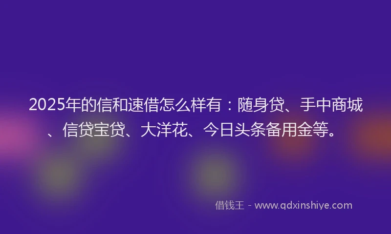 2025年的信和速借怎么样有：随身贷、手中商城、信贷宝贷、大洋花、今日头条备用金等。