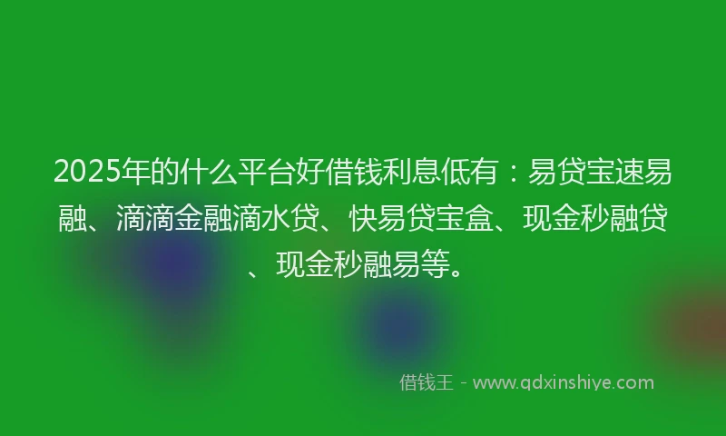 2025年的什么平台好借钱利息低有：易贷宝速易融、滴滴金融滴水贷、快易贷宝盒、现金秒融贷、现金秒融易等。